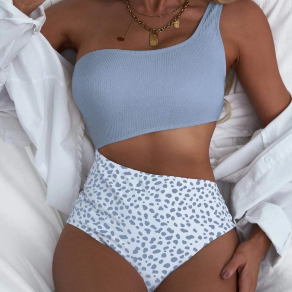 Blue And White Color Block Cut-out One Shoulder One Piece Swimsuit